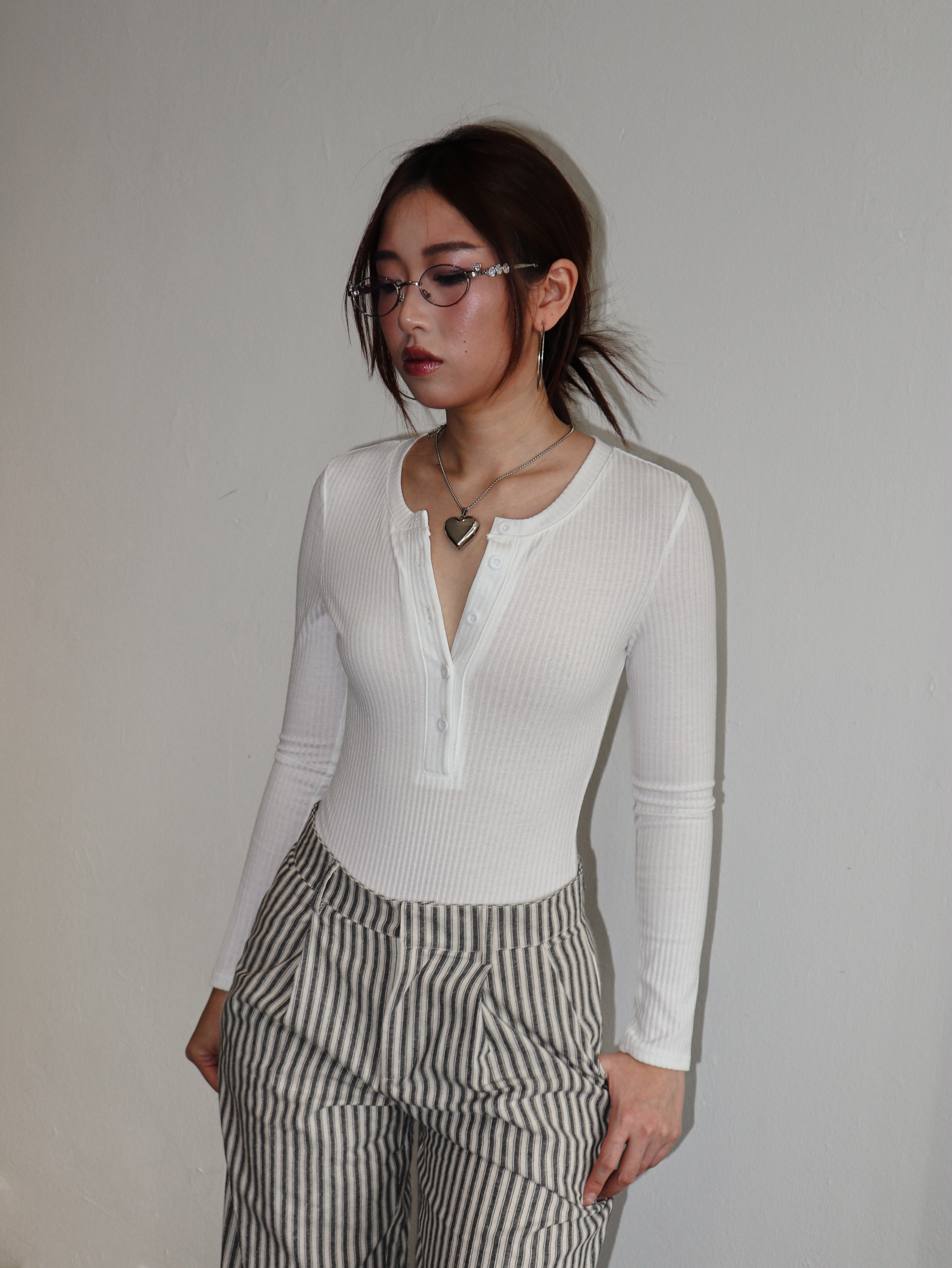 White Long Sleeve Ribbed Knit Bodysuit