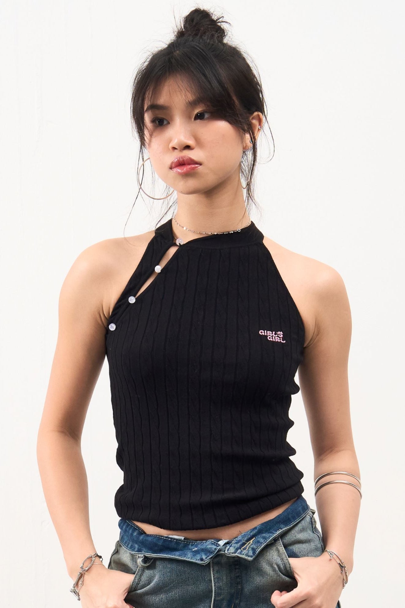 GG CNY Black Mandarin Oriental Button Tank Top