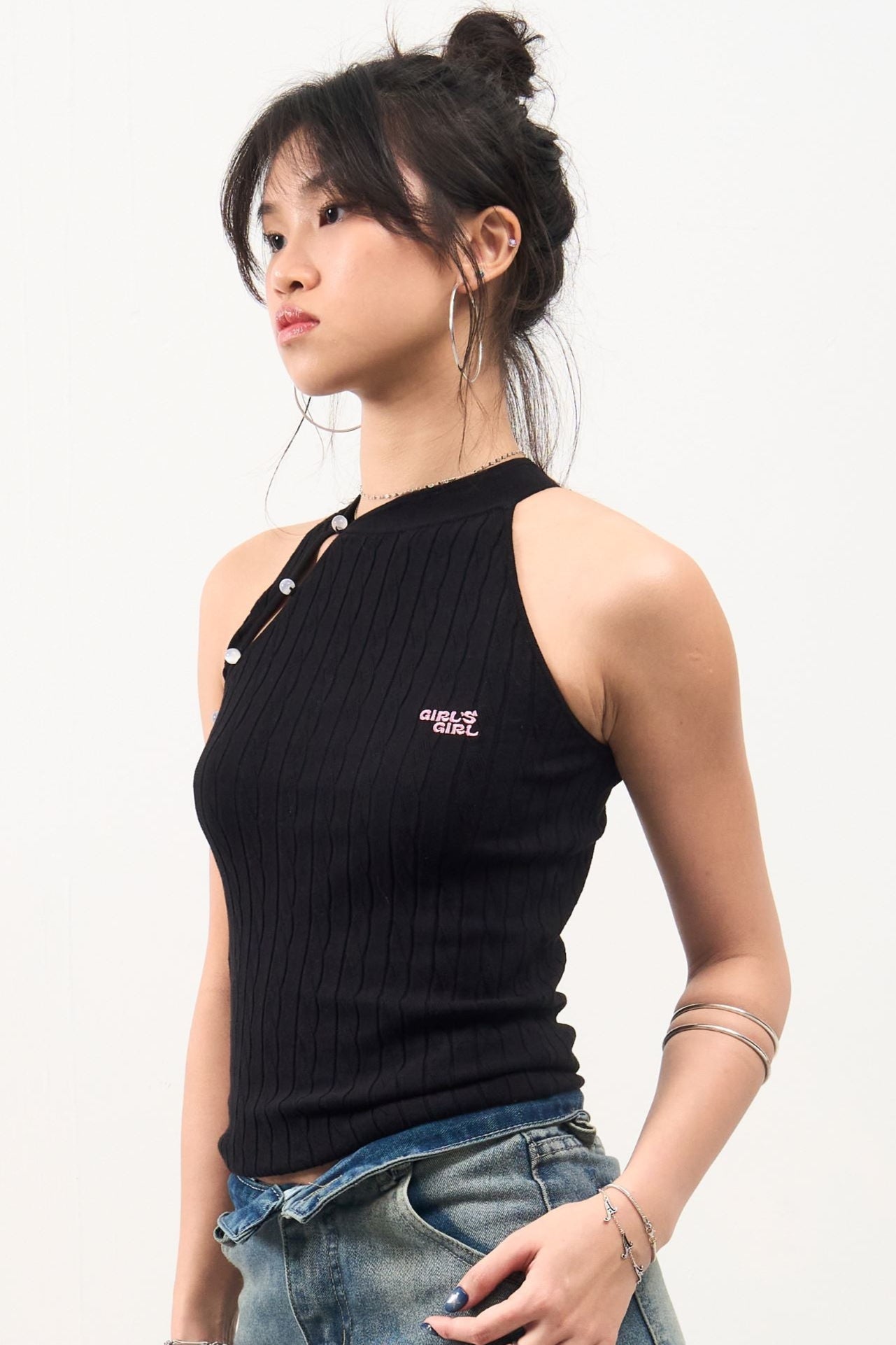 GG CNY Black Mandarin Oriental Button Tank Top