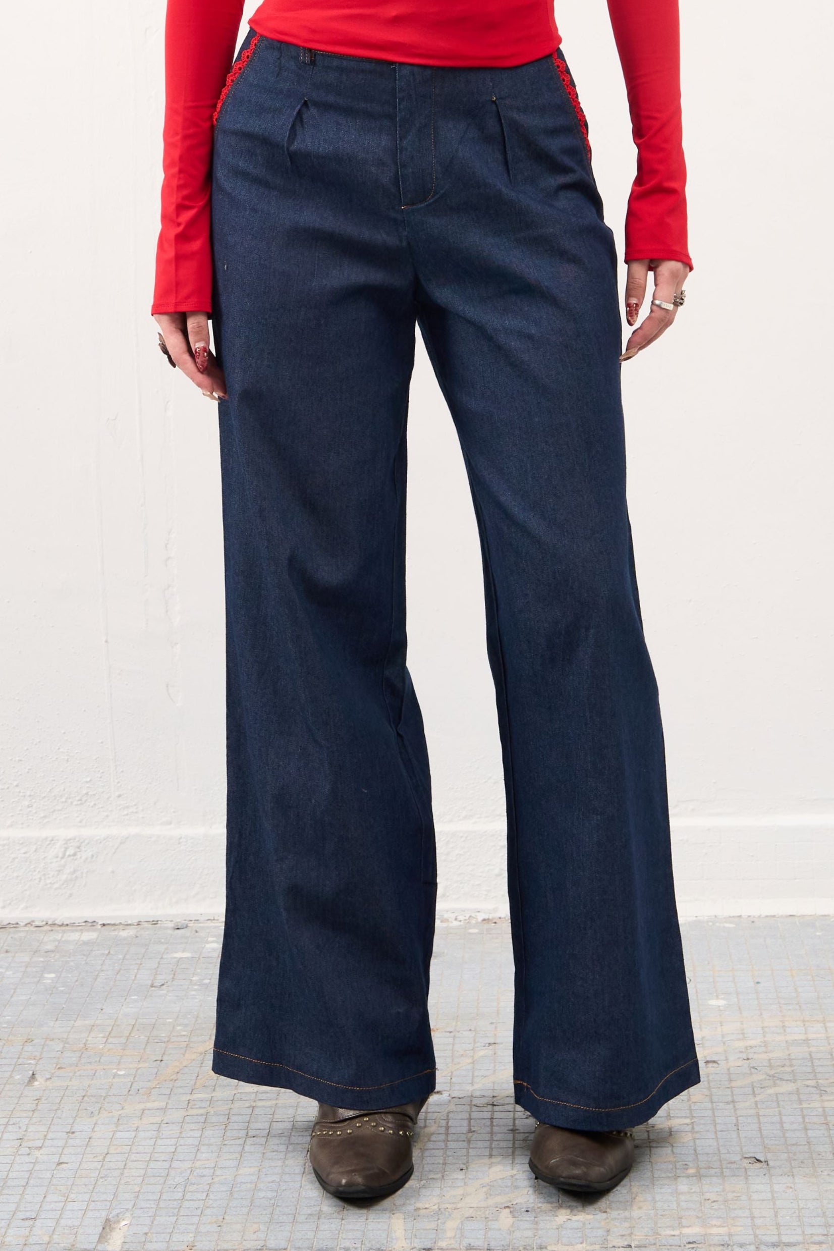 GG CNY Red Lace Trimmed Denim Pants