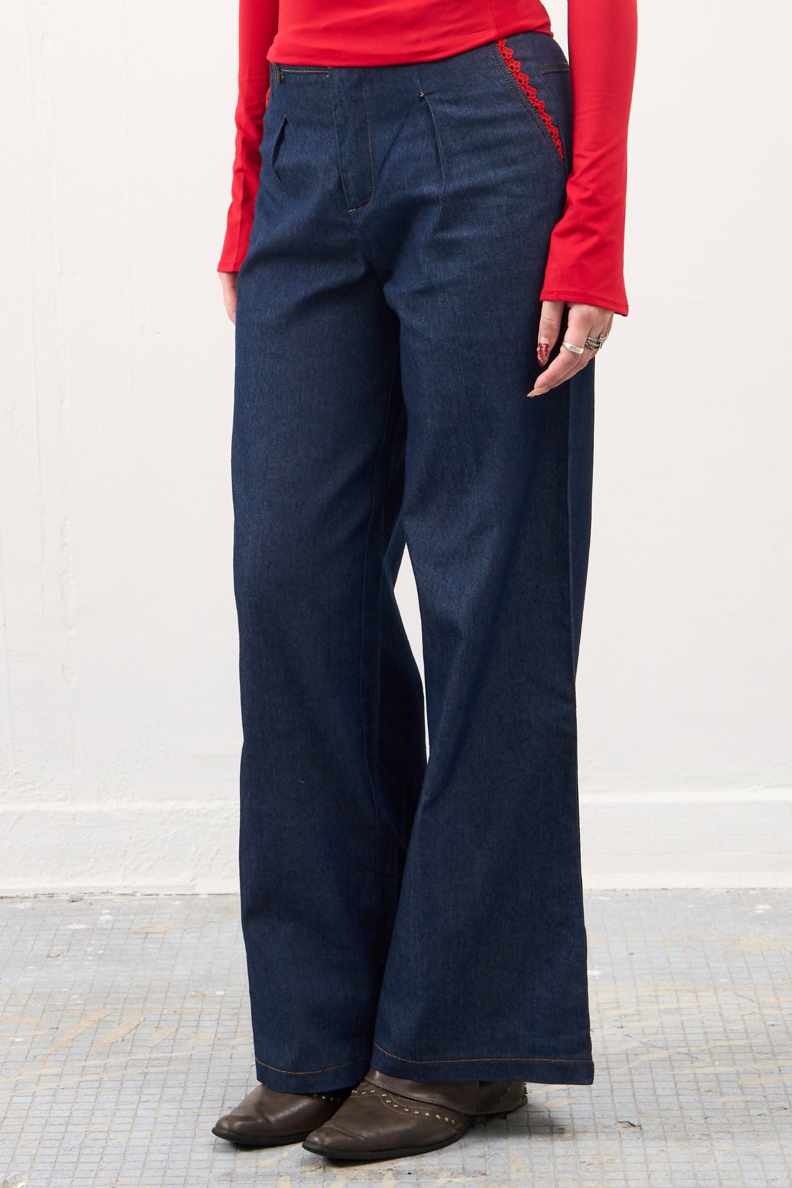 GG CNY Red Lace Trimmed Denim Pants