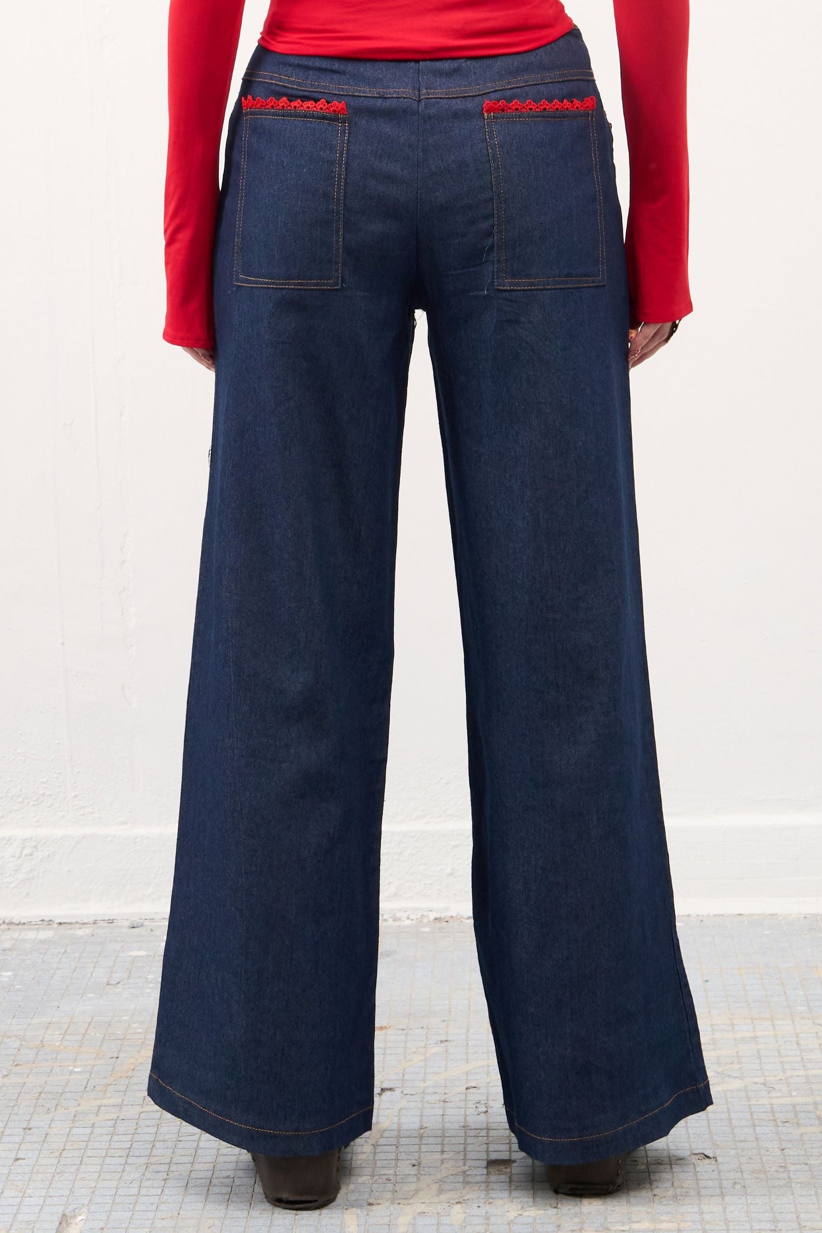 GG CNY Red Lace Trimmed Denim Pants