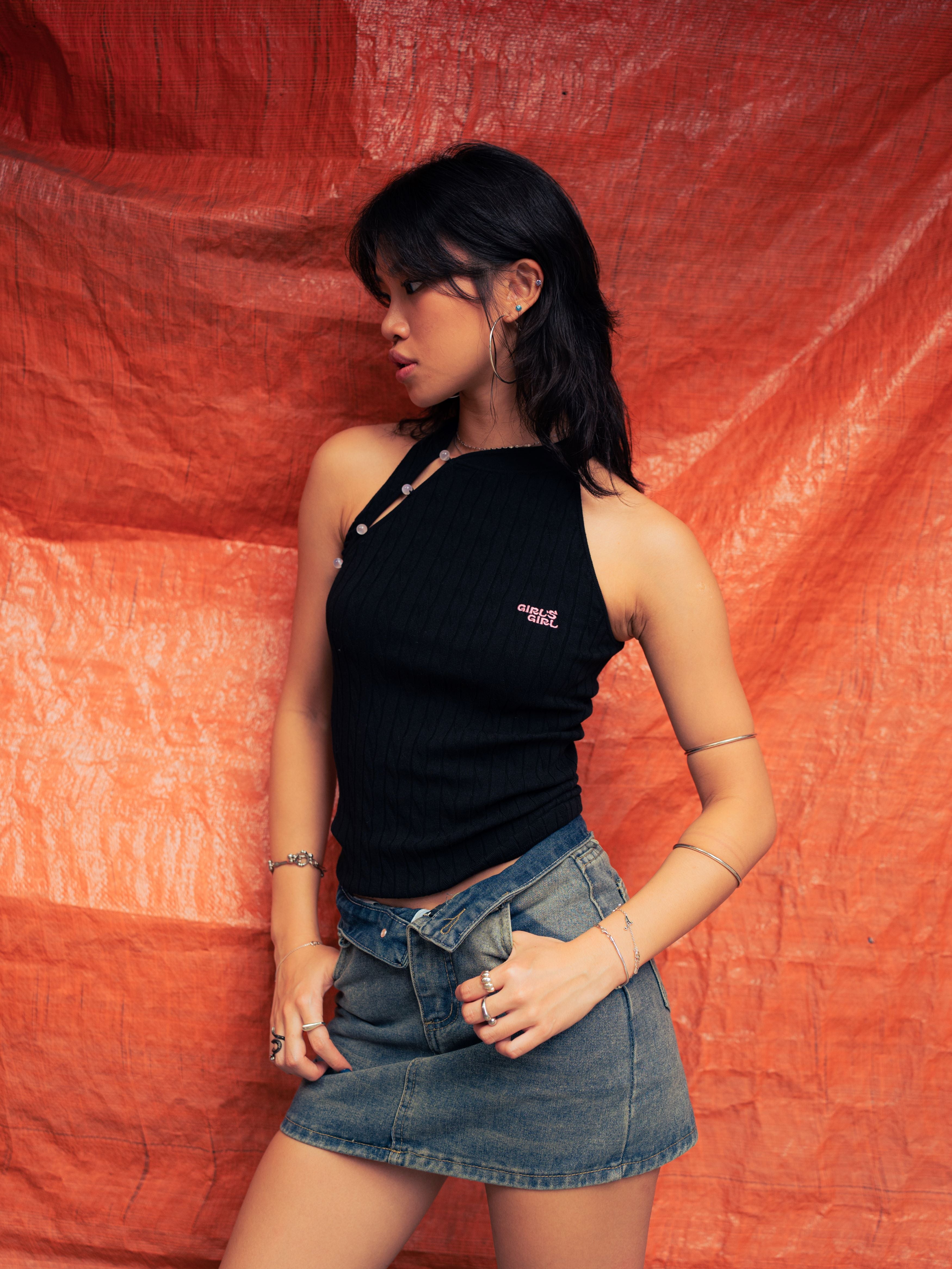 GG CNY Black Mandarin Oriental Button Tank Top