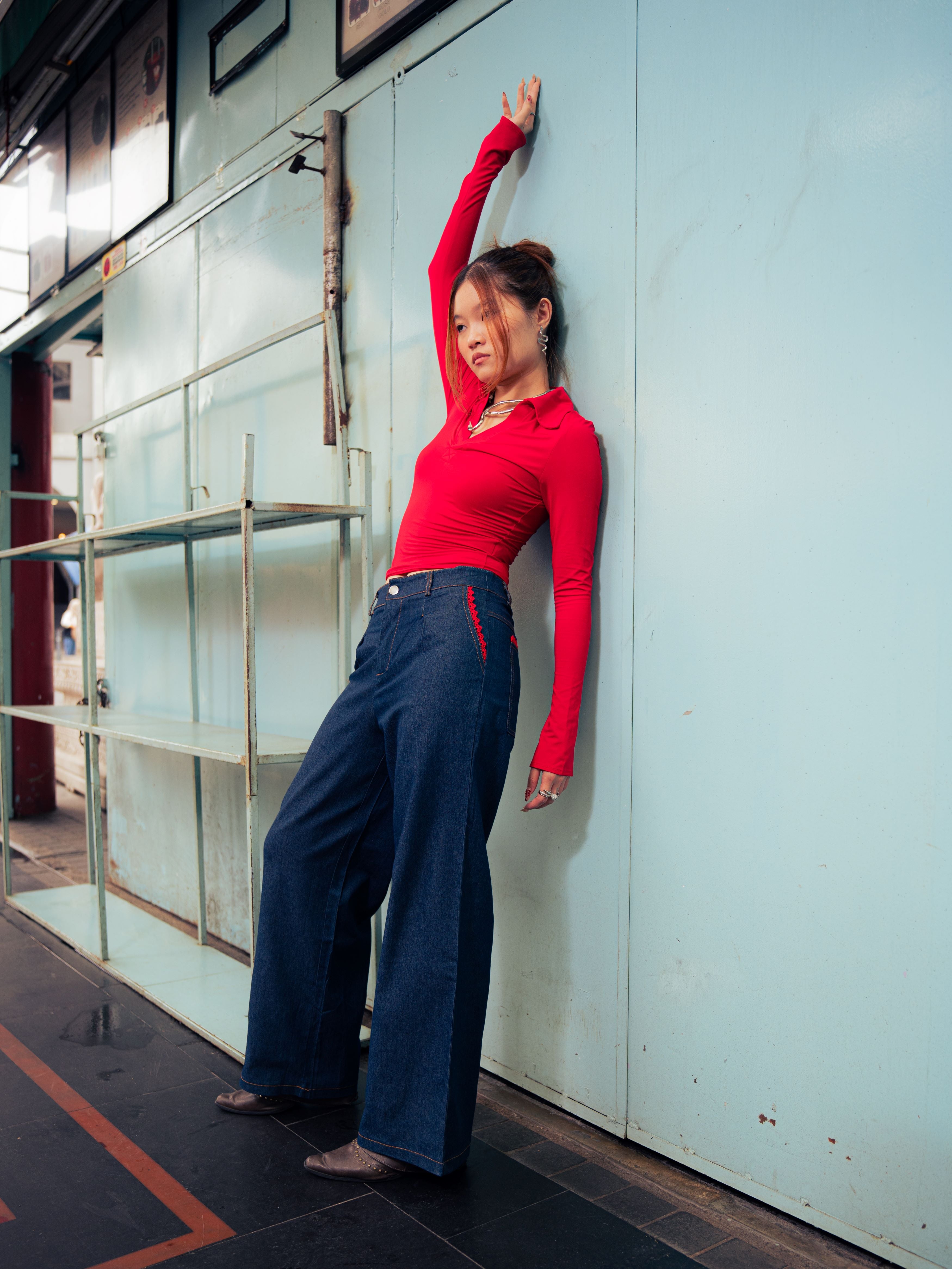 GG CNY Red Lace Trimmed Denim Pants