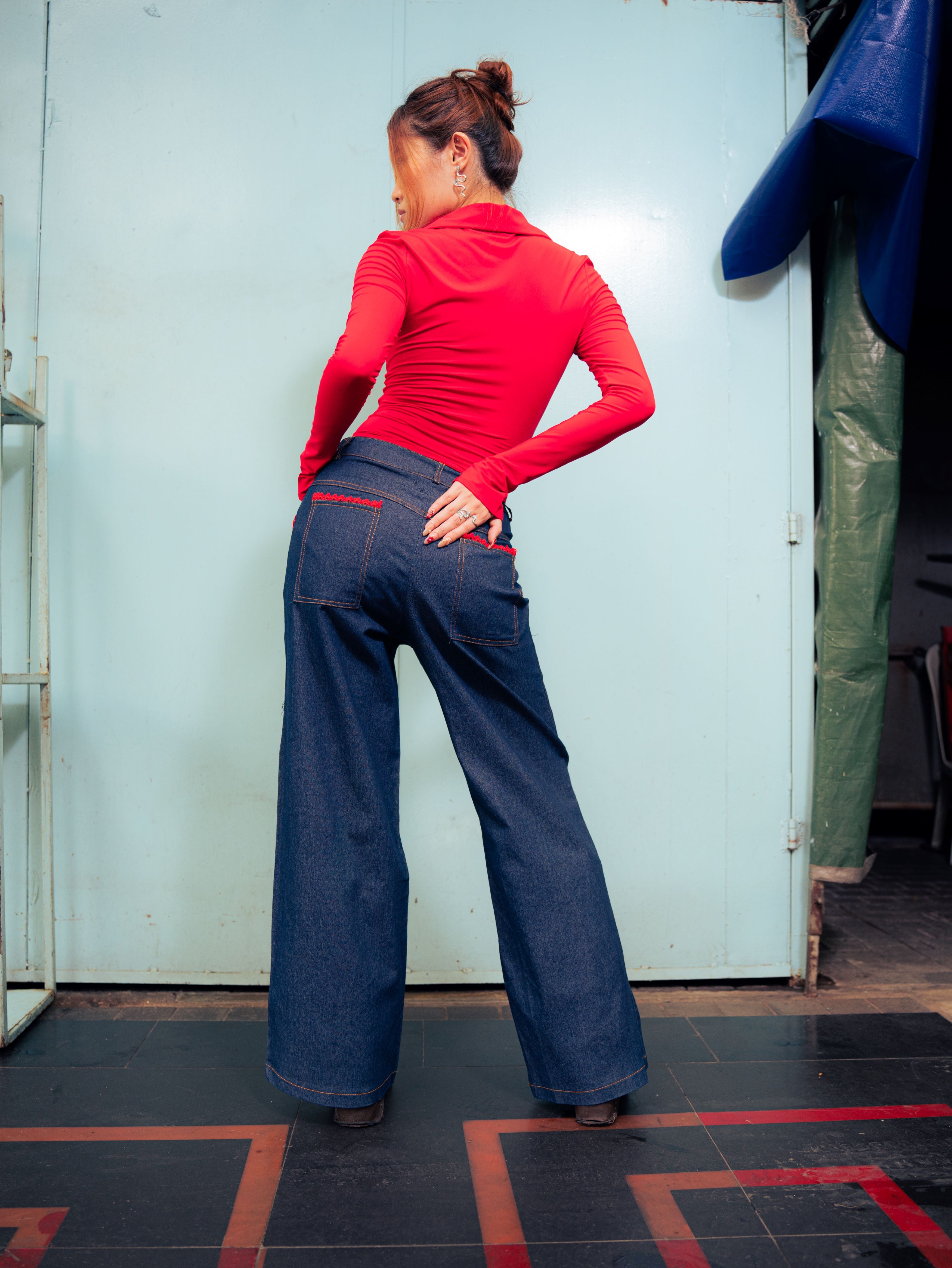 GG CNY Red Lace Trimmed Denim Pants