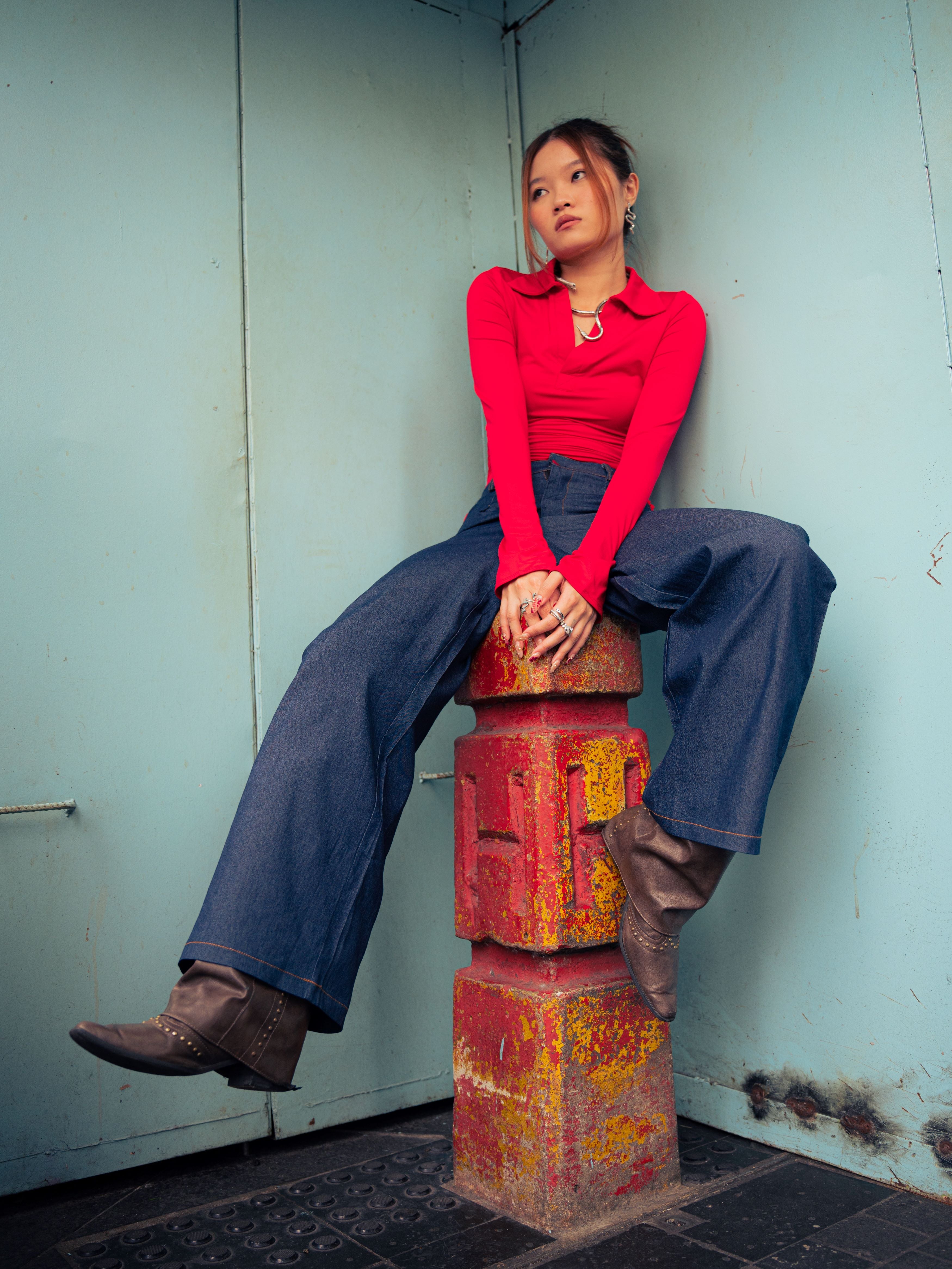 GG CNY Red Lace Trimmed Denim Pants