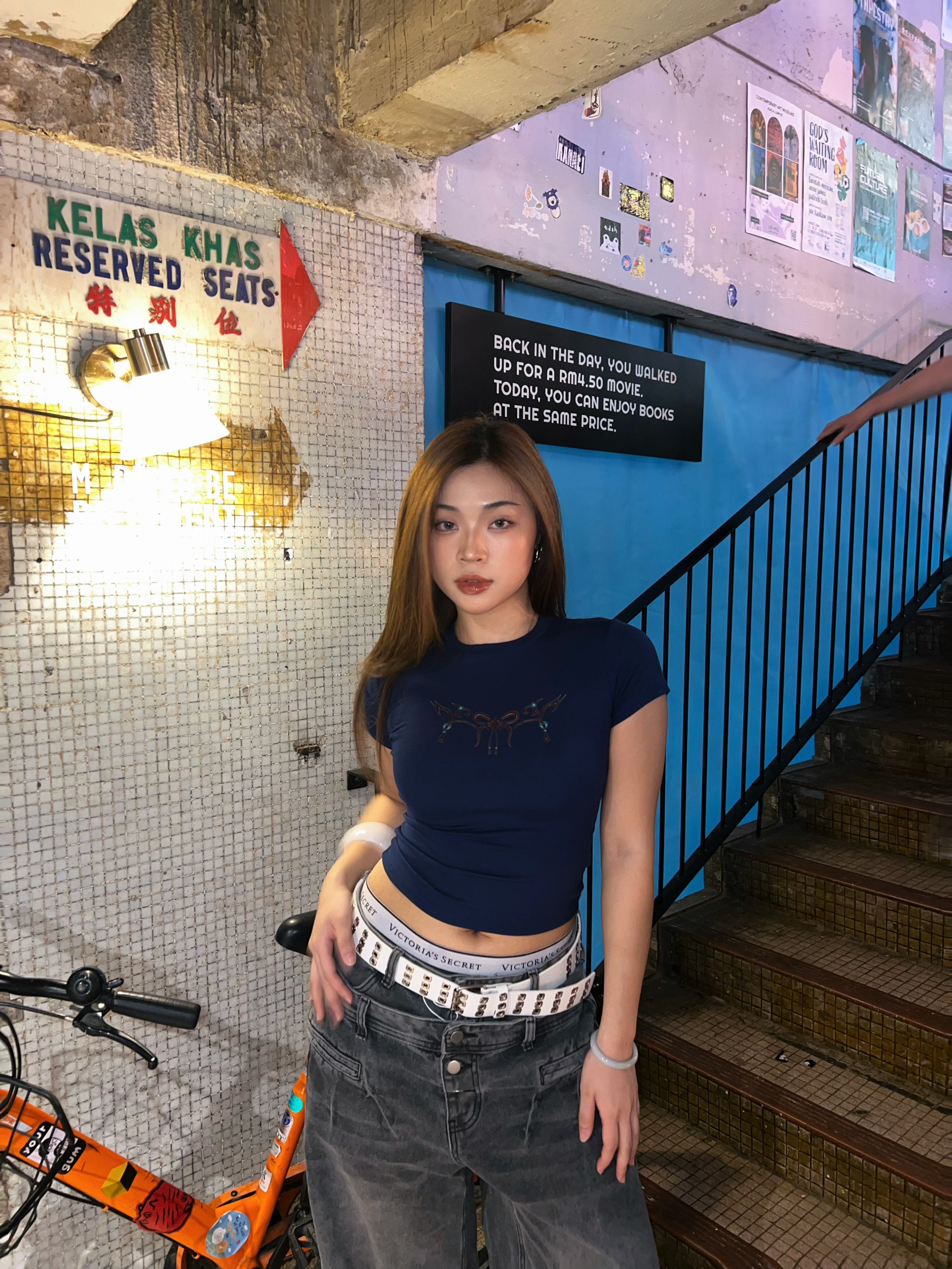GG CNY Navy Blue Oriental Pearl Bow Tee