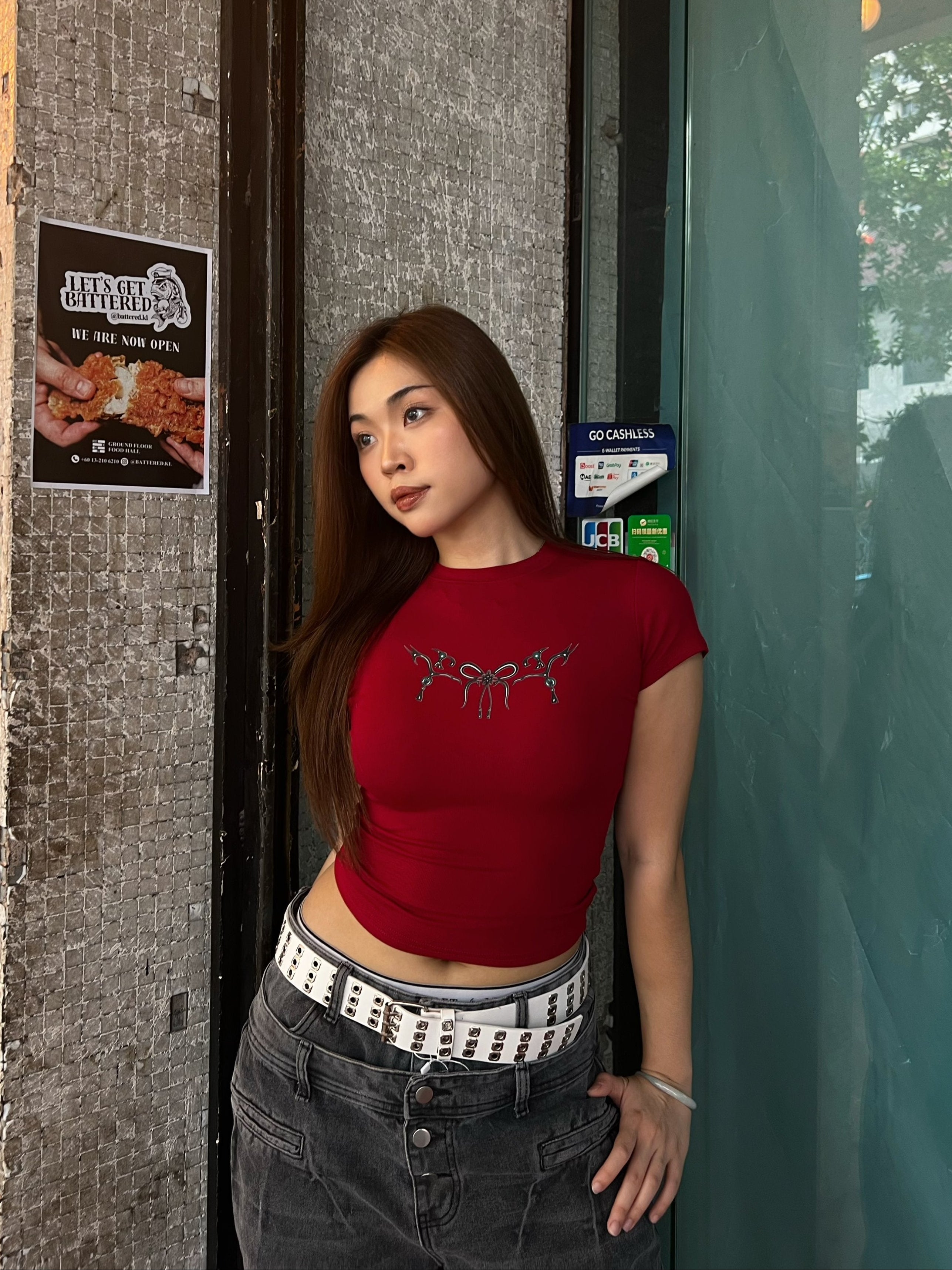 GG CNY Red Oriental Pearl Bow Tee