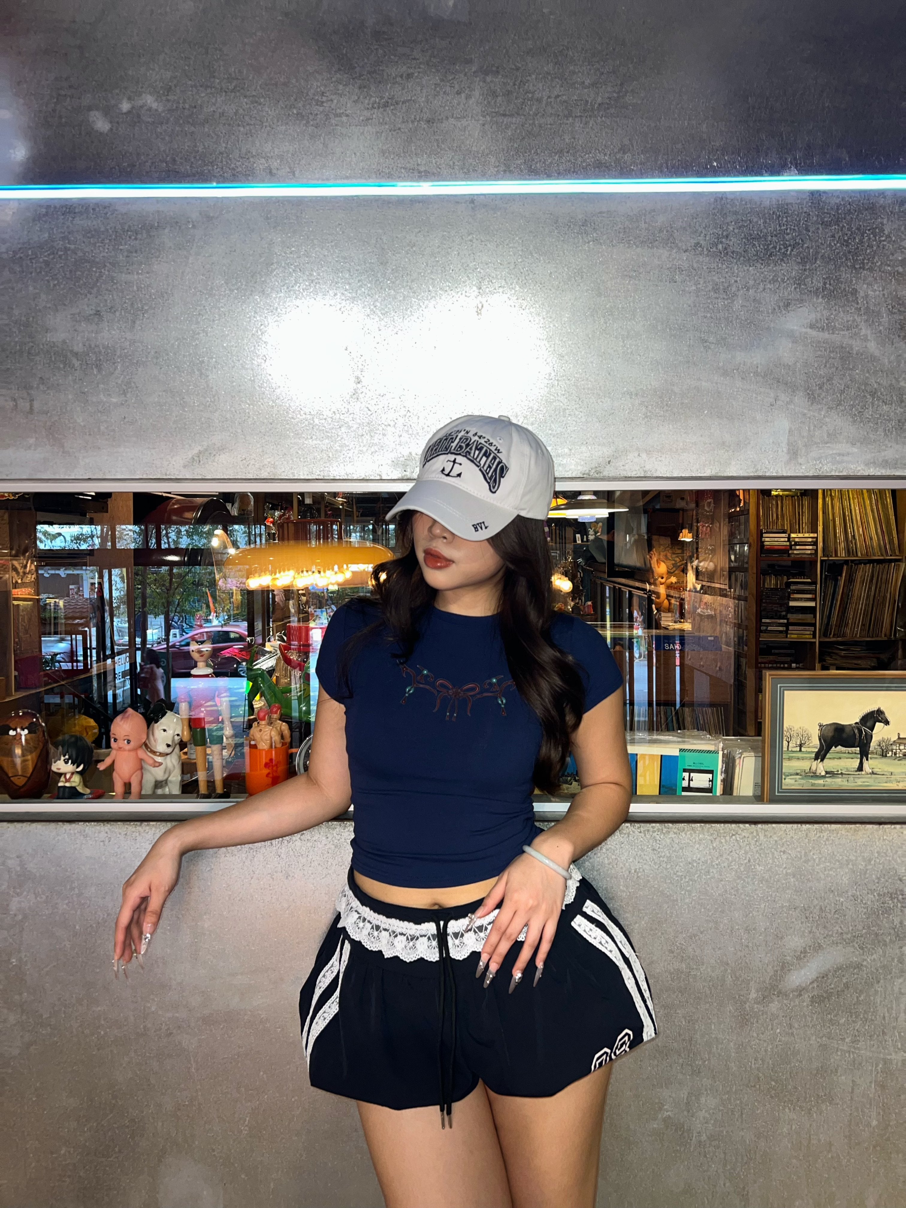 GG CNY Navy Blue Oriental Pearl Bow Tee
