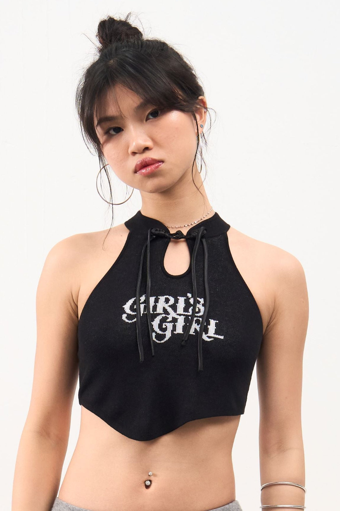 GG CNY Black Front Tie Collar Tank Top