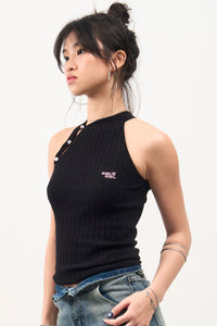 GG CNY Black Mandarin Oriental Button Tank Top