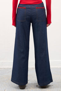 GG CNY Red Lace Trimmed Denim Pants