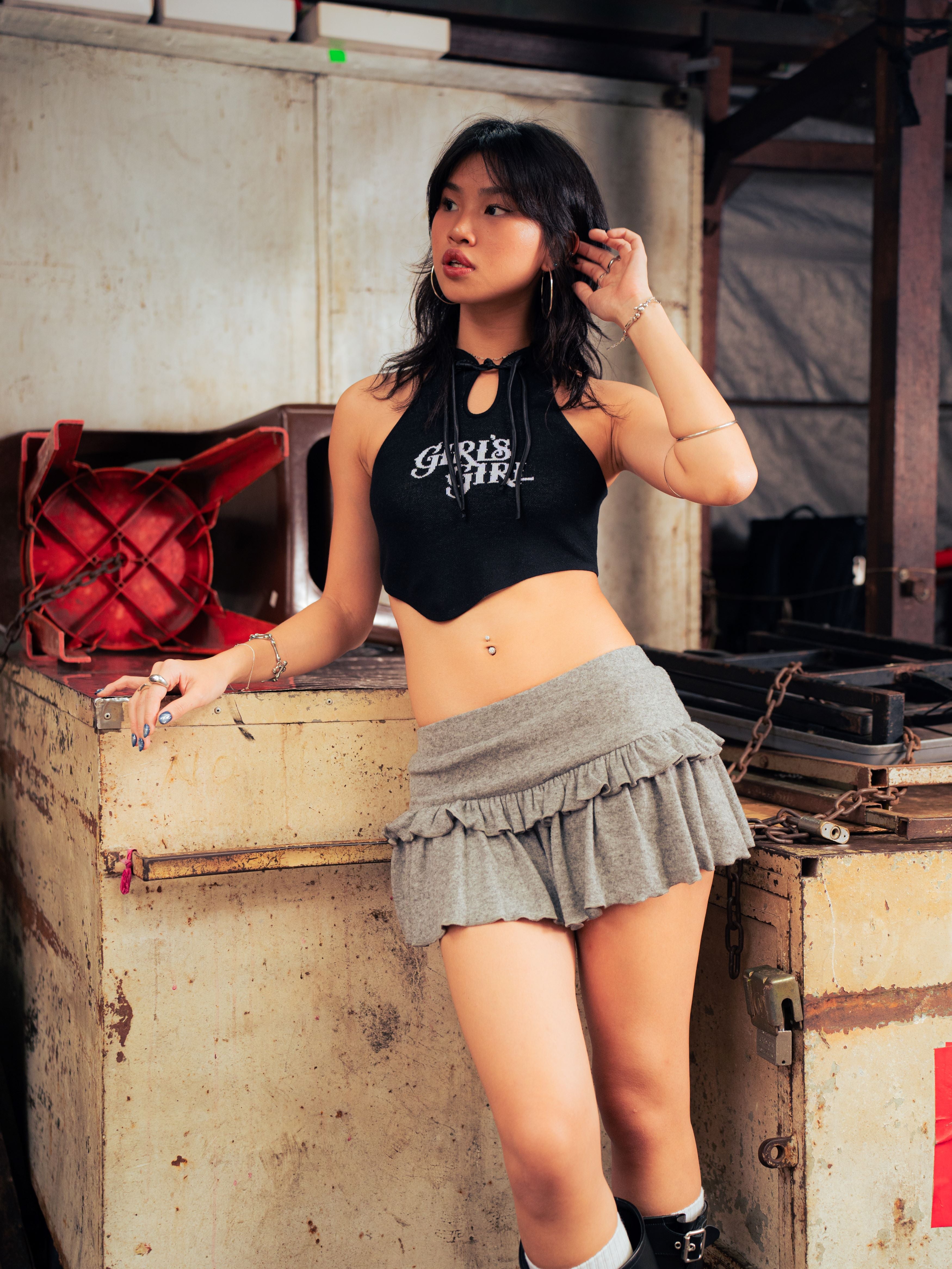 GG CNY Black Front Tie Collar Tank Top