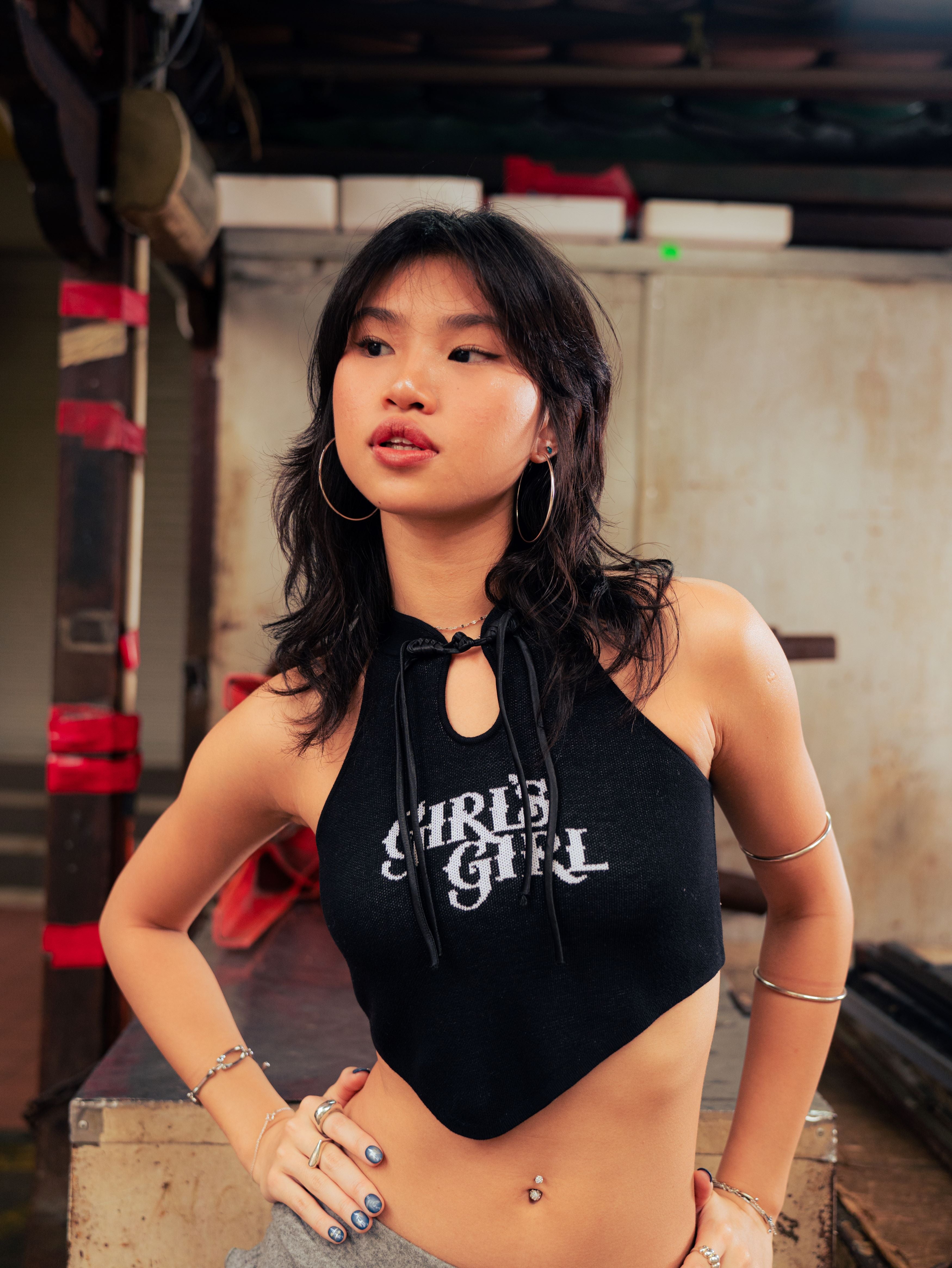GG CNY Black Front Tie Collar Tank Top