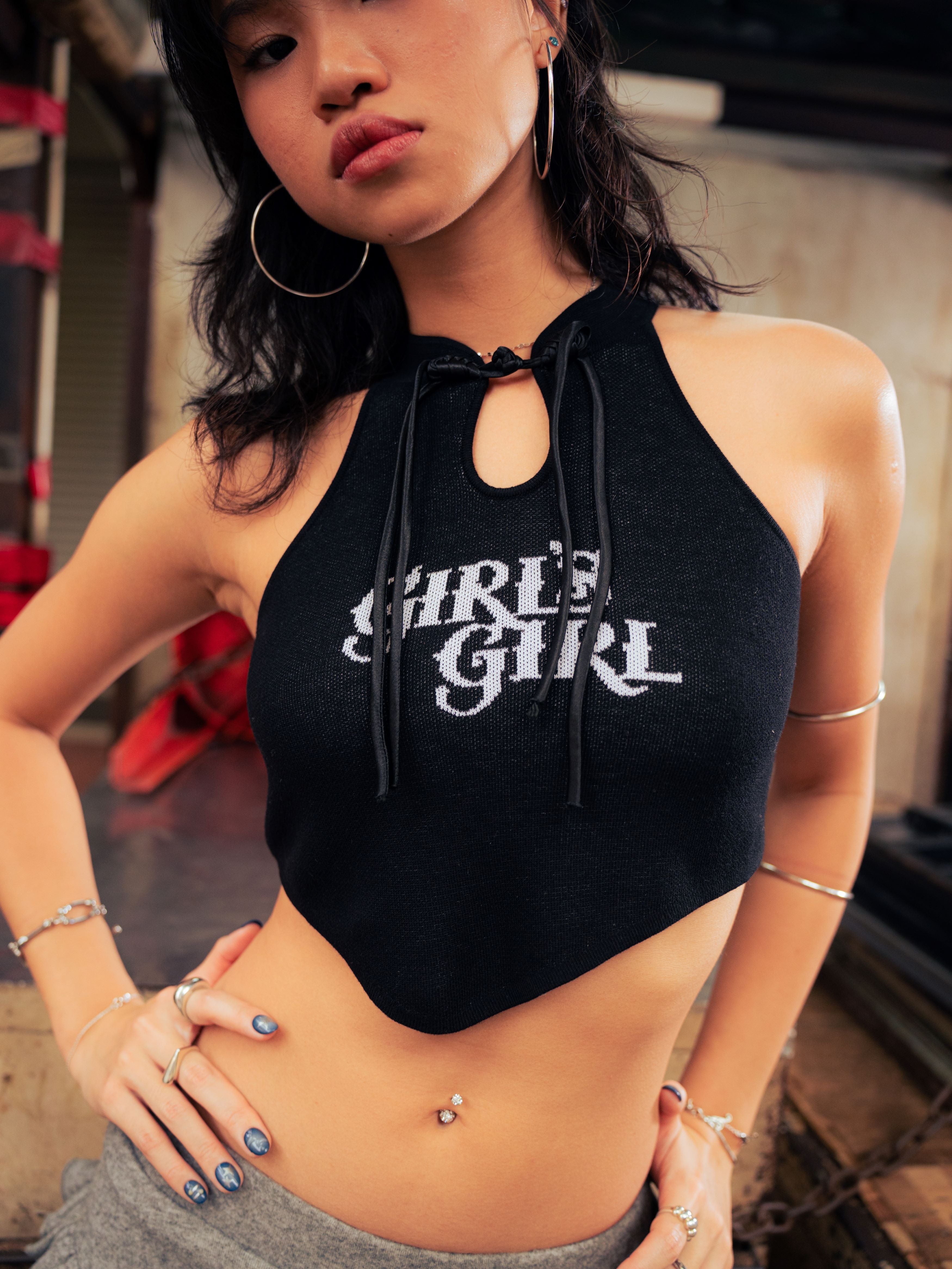 GG CNY Black Front Tie Collar Tank Top