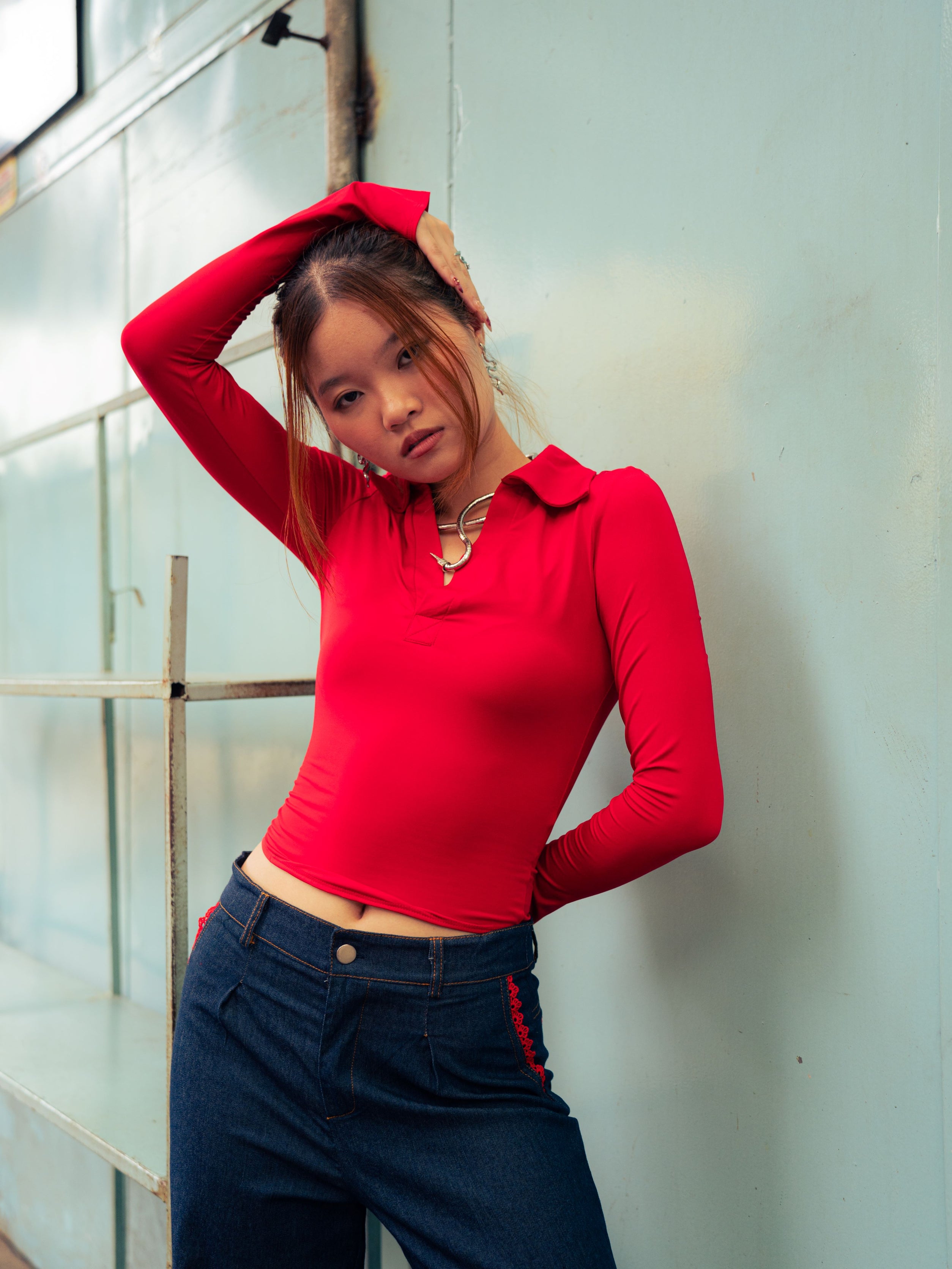 GG CNY Long Sleeves V-Neck Slim Fit Top