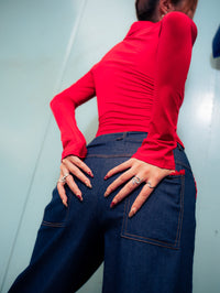 GG CNY Red Lace Trimmed Denim Pants