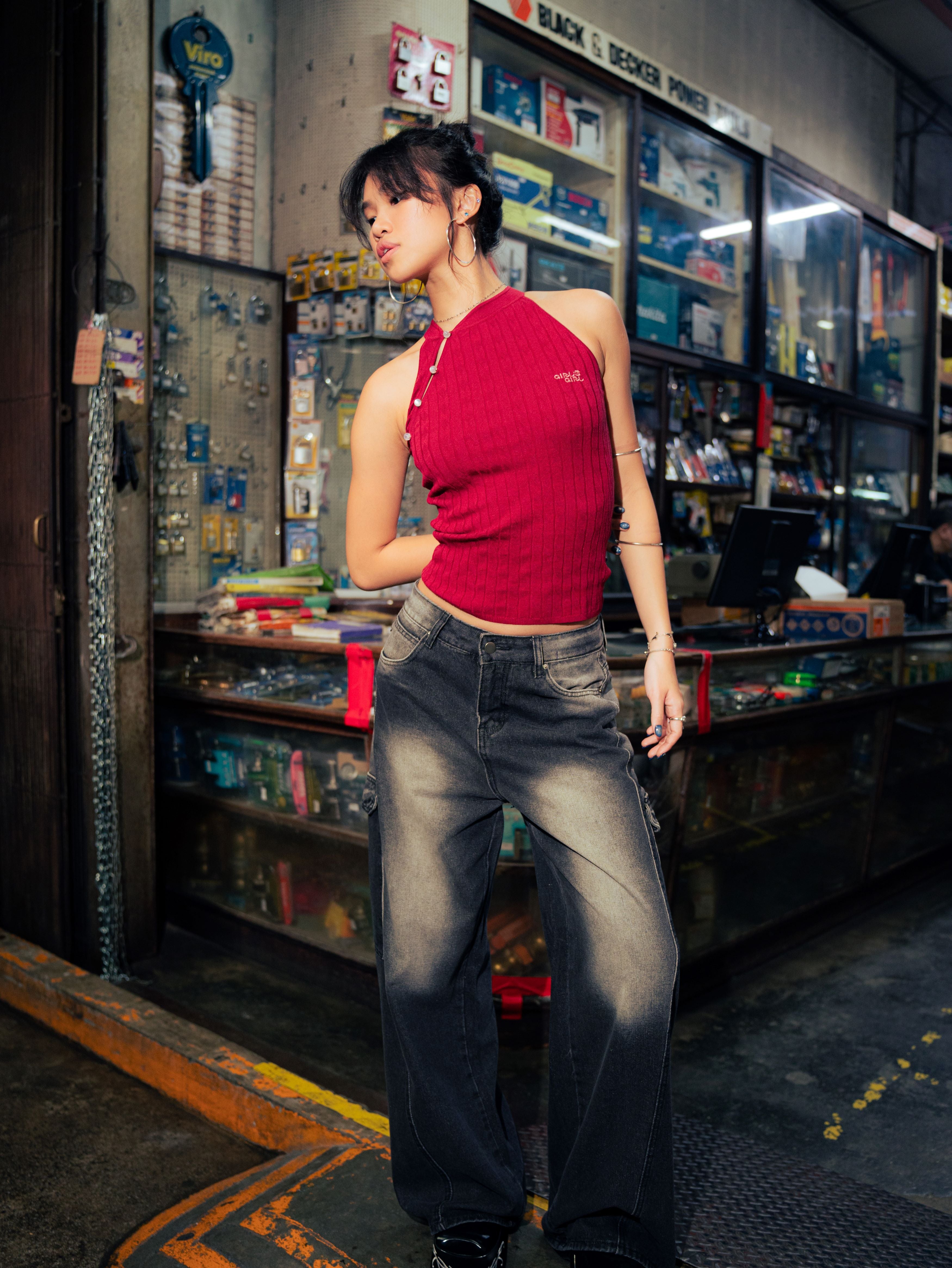 GG CNY Red Mandarin Oriental Button Tank Top