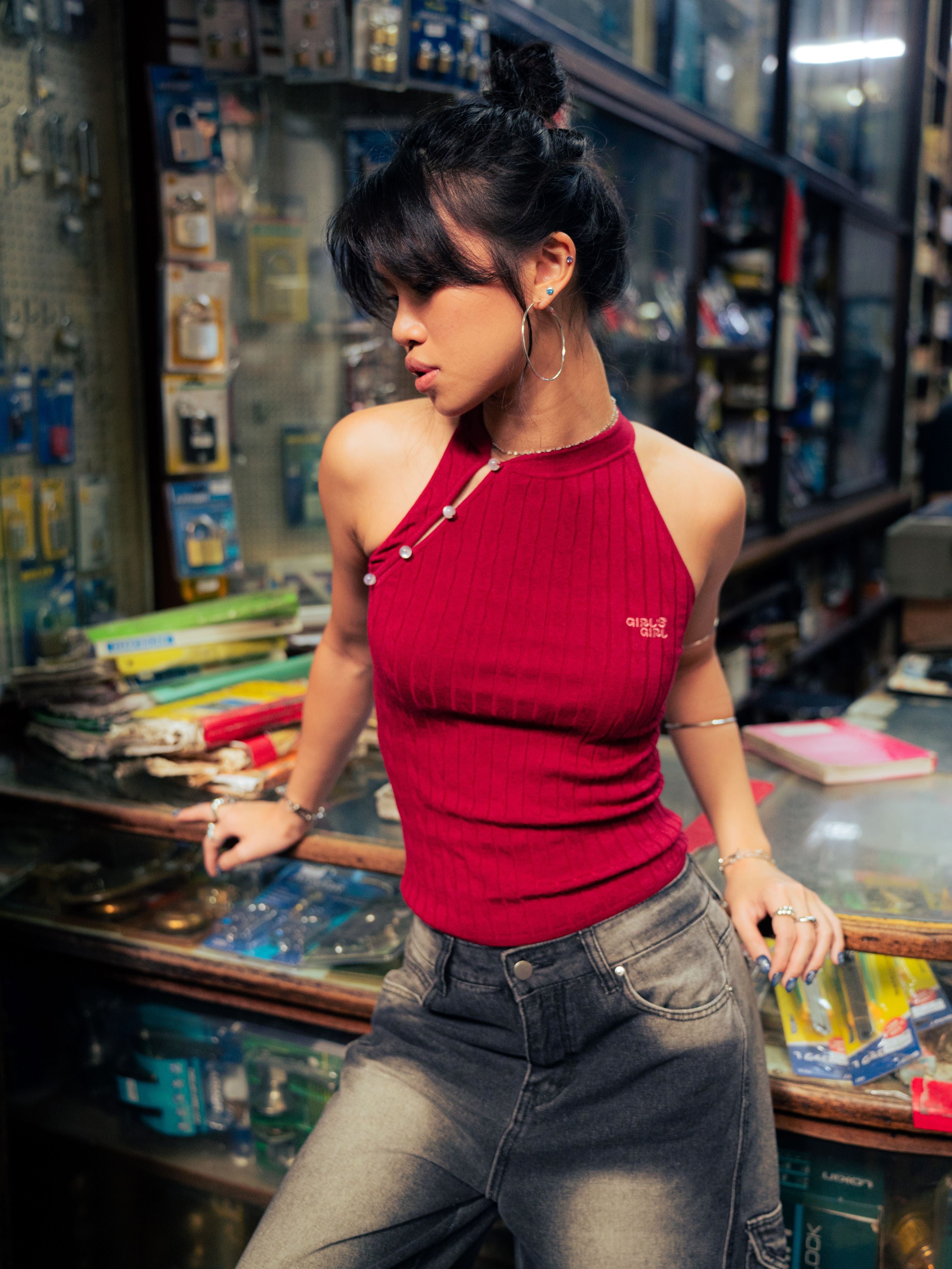 GG CNY Red Mandarin Oriental Button Tank Top
